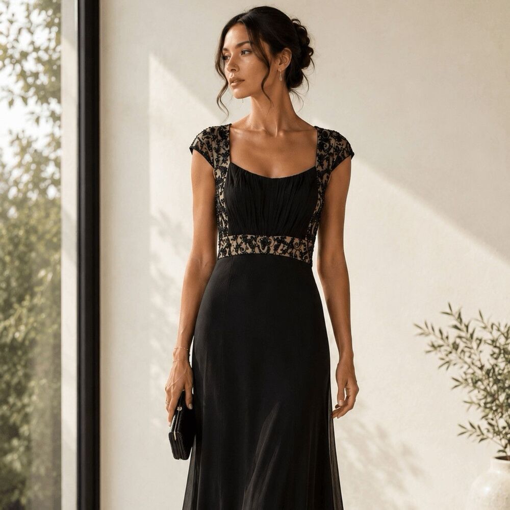Tadashi Collection Black Nude Beaded Silk Chiffon Evening Maxi Gown Dress Size 8 - Picture 5 of 13